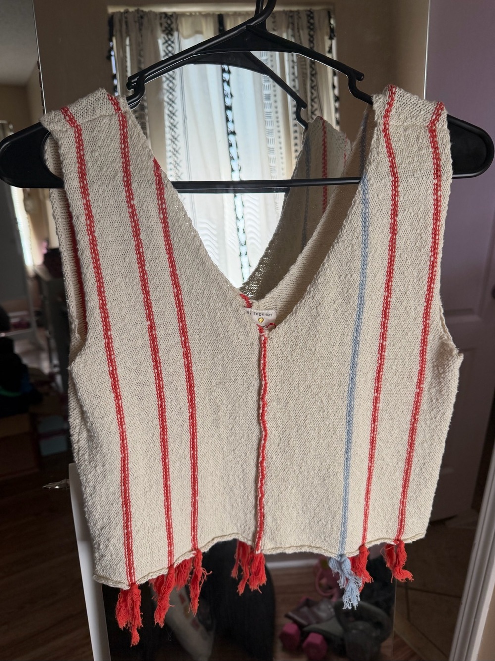 By Together Boho Cropped Fringe Tank with Red & Blue Stripes